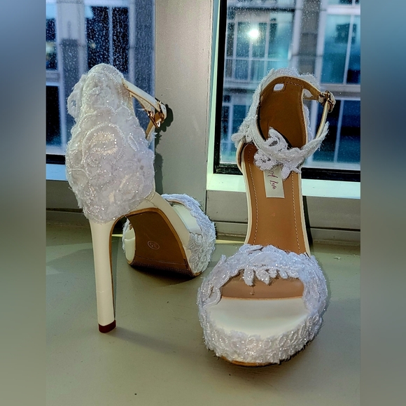 CUSTOM ORDER - White Embroidered Beaded Lace Heels - Picture 6 of 11